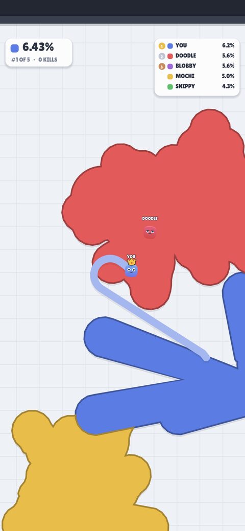 A long blue trail looping out of home territory, past DOODLE's red empire